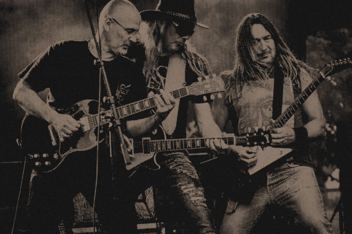 A three-piece band performing live