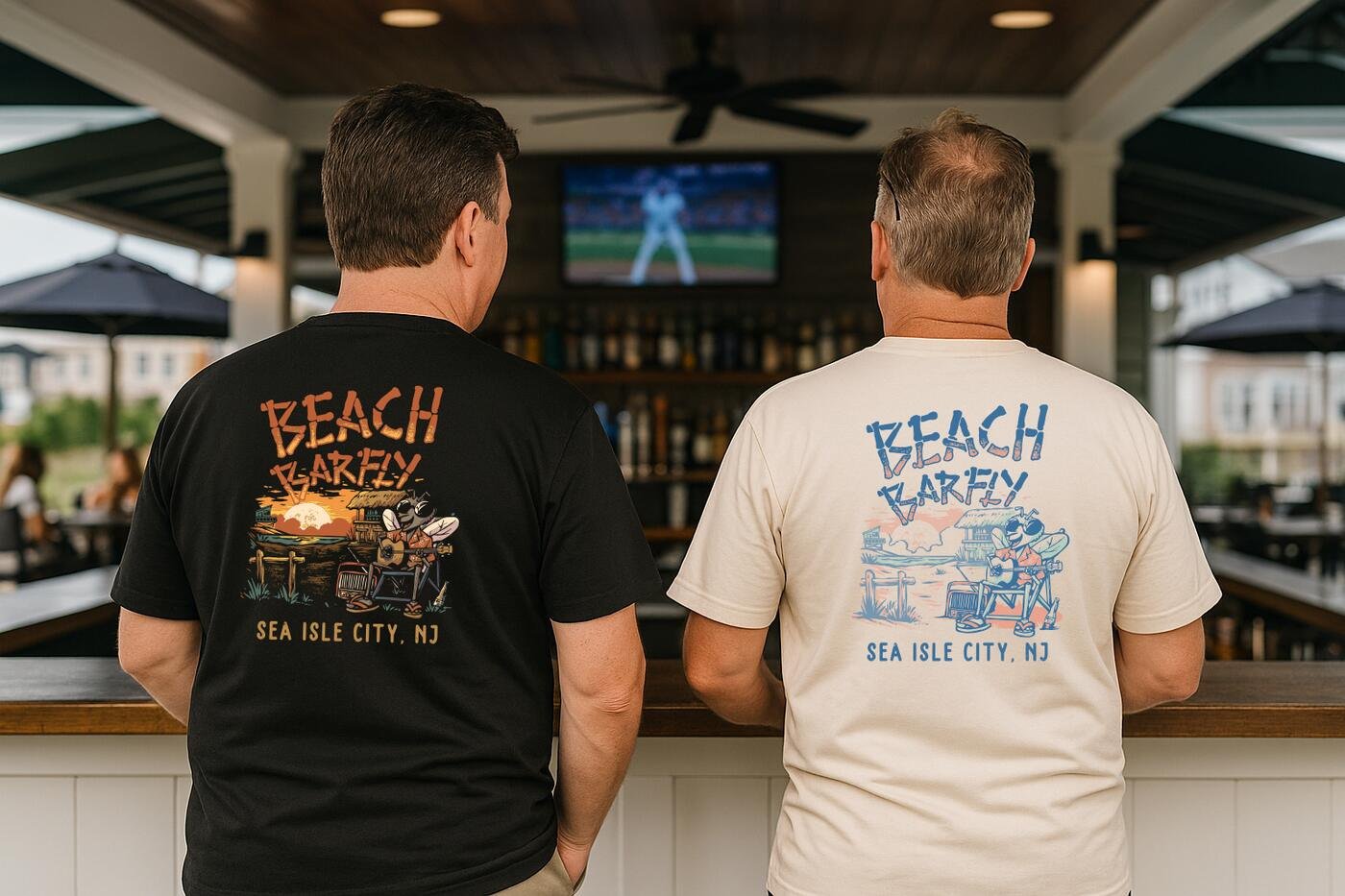 Beach Barfly t-shirts in two colorways worn at a bar